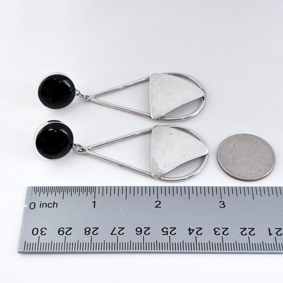 Vintage Mexico Taxco TS-79 Sterling Silver 925 Onyx Geometric Dangle Earrings - Picture 7 of 7